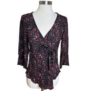 Vintage Iz Byer Blouse Size Large Black Pink Circle Prints Overlay Babydoll Bow